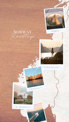 a map with many pictures on it and the words norway written in white above them