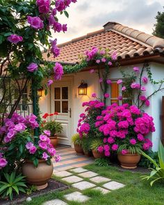 pink flowers are growing on the outside of a small white house with potted plants