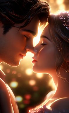 a man and woman are kissing in front of the sun with sparkles on their hair