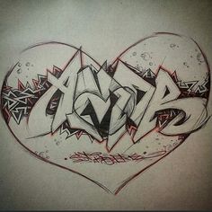 a drawing of a heart with graffiti on it