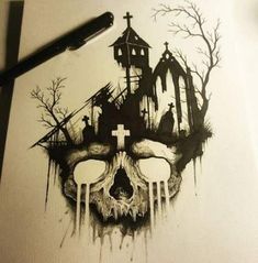 a drawing of a skull with a church in the background and dripping paint on it