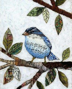 a painting of a blue bird sitting on a tree branch with leaves and music notes