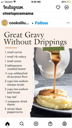 an instagram page with the recipe for gravy without drippings on it