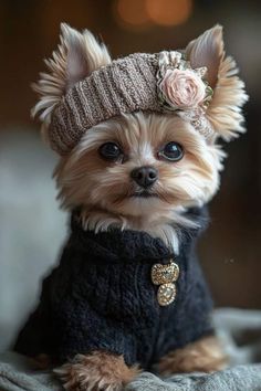 a small dog wearing a sweater and hat with flowers on it's head sitting on a blanket