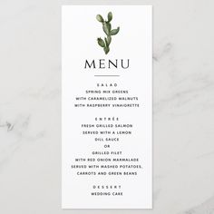 a menu card with a succulent plant on it, sitting on a marble surface