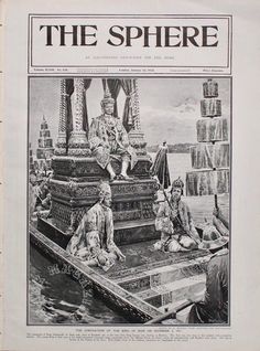 an old newspaper with some people sitting on the water and one person standing in front of it