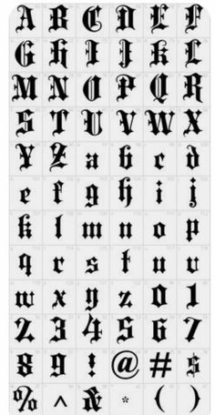 an old english alphabet with all the letters and numbers in black ink on white paper