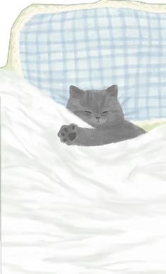 a drawing of a cat laying on top of a bed covered in white sheets and blankets