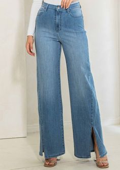 Allison Wide Led Slit Front Jeans: Elevate your denim game with Allison Wide Leg Slit Front Jeans. Made of soft and stretchy fabric, these chic jeans offer both comfort and style. With a flattering wide-leg fit and a trendy slit front, they are perfect for making a statement and adding a touch of sophistication to any outfit. -front bottom slits, soft stretchy fabric -classic 5-pocket construction -zip-fly closure. (3) Rise:11.75", Inseam: 33" Model is 5'8" and wearing a size 5-Small Color: Medi Chic Jeans, Wide Jeans, Front Bottoms, Stretchy Fabric, Favorite Jeans, Dress Collection, Jewelry Sales, Wide Leg, Spandex