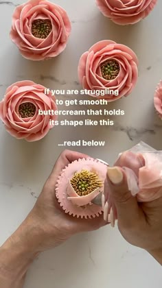 a person holding pink flowers in their hands with a quote on the top that says, if you are struggling to get smooth buttercream that holds it's shape like this