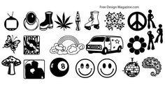 black and white silhouettes of people, cars, flowers, and peace signs with the words free design magazine