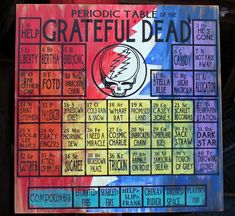 a colorful sign with words written on it that read, the periodic table of the grateful dead