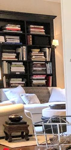 a living room filled with furniture and a book shelf