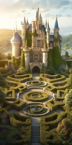 an image of a castle that looks like it is in the middle of a garden