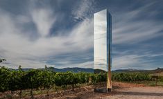 a large mirror sitting in the middle of a dirt road next to a vineyard field