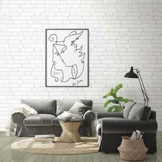 a living room with white brick walls and grey couches in front of a painting on the wall