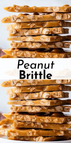 the peanut brittle is stacked on top of each other