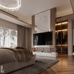 a modern bedroom with a large bed and tv