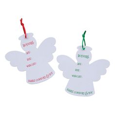 two angel shaped tags with the names of different companies attached to them, hanging on clothes pins