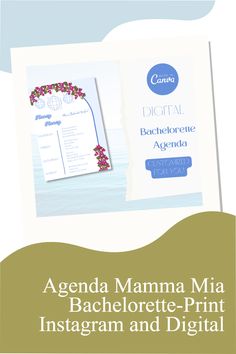 the front and back cover of a brochure with text that reads, agenda mama mia bachelor - print instagram and digital