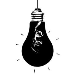 a black and white drawing of a light bulb with an image of a person's face on it