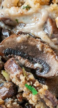 closeup of mushrooms and other food items on a plate