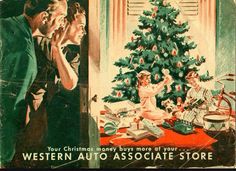 an advertisement for western auto associate store with a christmas tree and family around the table