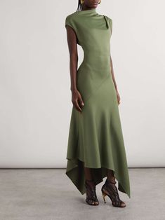 ALEXANDER MCQUEEN Asymmetric draped stretch-jersey midi dress | NET-A-PORTER Drape Maxi Dress, Draped Midi Dresses, Flat Dress Shoes, Floral Dresses Short, Dress Flats, Midi Dress Casual, Swimsuit Dress, Green Midi Dress, Daily Inspiration