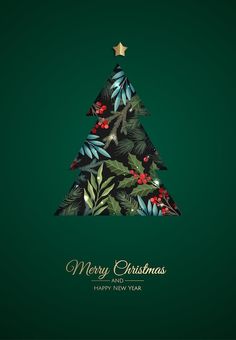 a merry christmas tree with holly leaves and berries on the top, against a green background