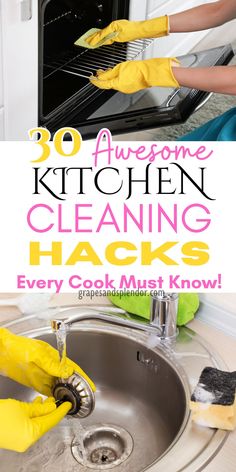 the words 30 awesome kitchen cleaning hacks every cook must know