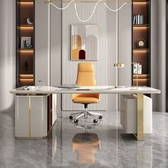 a modern office with marble floors and shelves