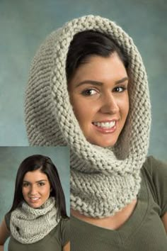 a woman wearing a knitted hood and scarf