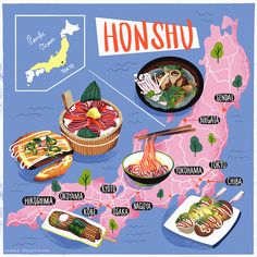 an illustrated map shows the different types of food in japan, including hotdogs and buns