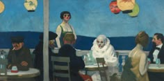 an oil painting of people sitting at a table on the deck of a cruise ship