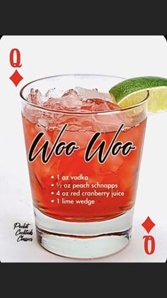 a glass filled with ice and a lime slice on top of it next to the words who woo?