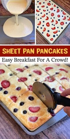 sheet pan pancakes are ready to be baked in the oven and then topped with blueberries