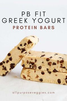 two pieces of greek yogurt protein bars stacked on top of each other with text overlay that reads, pb fit greek yogurt protein protein bar