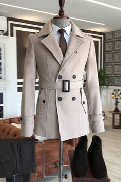 King Unique Champagne Double Breasted 2 Flaps With Belt Wool Jacket | Allaboutsuit Outfits Pastel, Double Breasted Overcoat, Classy Suits, Mens Summer Outfits, Overcoat Jacket, Look Formal, Peacoats, Men Fashion Casual Outfits, Mens Winter Fashion