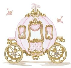 a drawing of a pink and gold horse drawn carriage