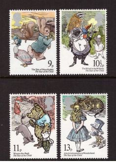 four stamps with cartoon characters on them, each depicting alice and the rabbit in wonderland