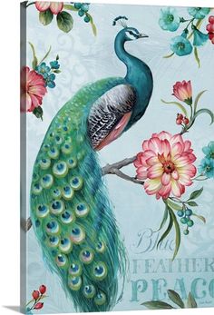 a painting of a peacock on a branch with flowers