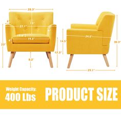 a yellow chair with measurements for the seat and back, sitting next to each other