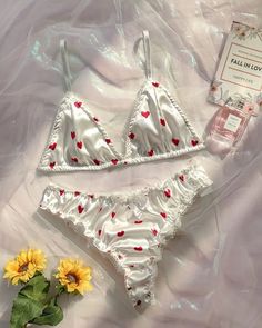 Ruffled lace and heart-print satin lingerie set Cute Lingerie Sets, Lingerie Satin, Satin Bra, Printed Bras, Satin Lingerie, Lace Heart, Cute Lingerie, Chic Type, Bra Styles