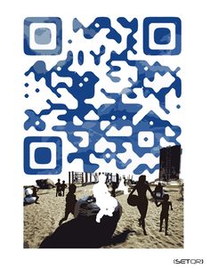 an image of people walking on the beach with a qr code in the background