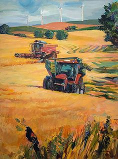 an oil painting of farm equipment in a field