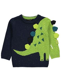 a green dinosaur sweater with black and blue sleeves