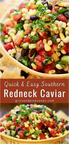 Redneck caviar, Cowboy caviar, or southern caviar dip, whichever name you know this tasty vegetable recipe as, it is delicious. This summer time vegetable side dish is filled with a rainbow of fresh vegetables like corn, tomatoes, bell peppers, parsley, avocado, and more! Serve it at your next summer BBQ, or 4th of July party. Corn Cowboy Caviar, Cowboy Side Dishes, Fresh Vegetable Appetizers, Cowboy Caviar With Avocado, Cowboy Caviar With Rotel, Summer Dish To Pass Ideas, 4th Of July Food Bbq Party Ideas Sides, Pool Party Side Dishes, Hillbilly Caviar