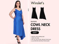 a woman in a blue dress is standing next to an advertisement for herself's cowl neck dress