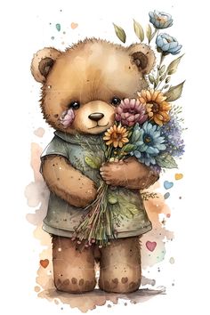 a brown teddy bear holding flowers in his arms