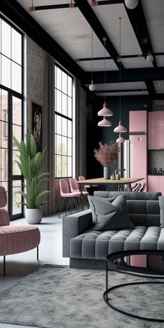 a living room filled with furniture next to large windows and lots of pink accents on the walls